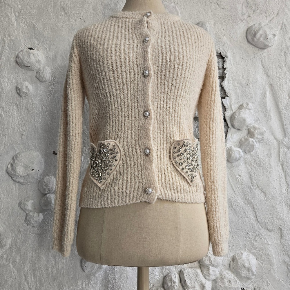 Wicked x Katie Kime Cream Boucle Heart Rhinestone Cardigan Sweater XXS